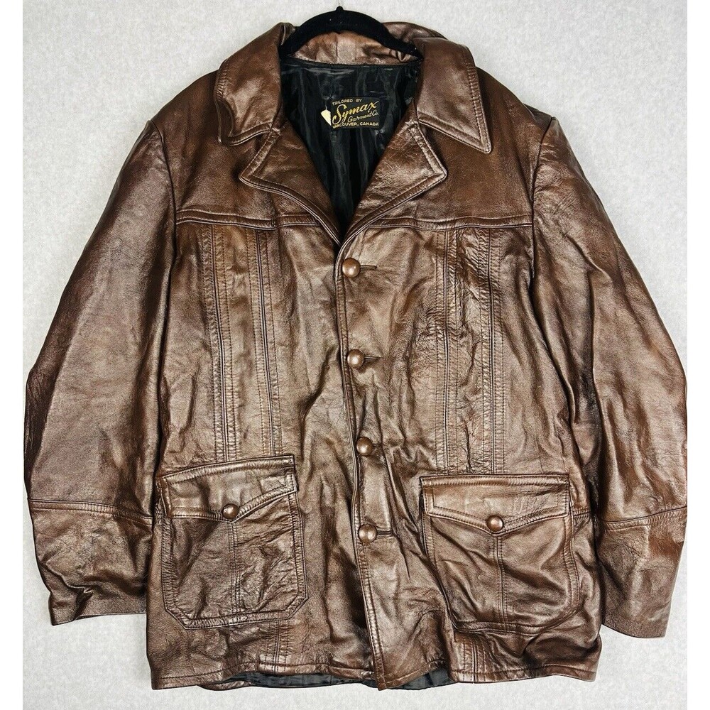 Vintage Symax Mens 46 Brown Leather Jacket 1970s Western Canadian Made - Picture 2 of 11